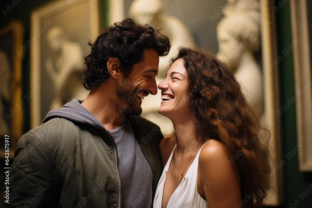 Couple in their 30s smiling at the Uffizi Gallery in Florence Italy