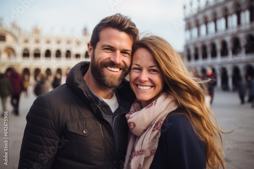 Couple in their 30s smiling at the Piazza San Marco in Venice Italy