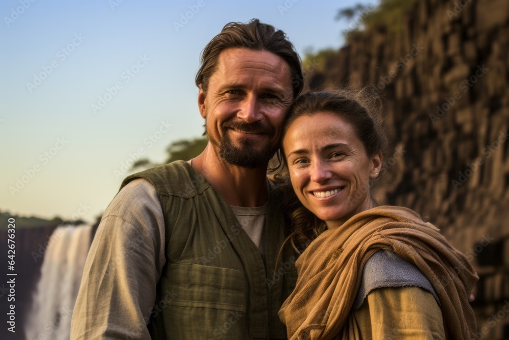 Couple in their 40s at the Victoria Falls in Zambia/Zimbabwe Couple in their 40s at the Victoria Falls in Zambia/Zimbabwe