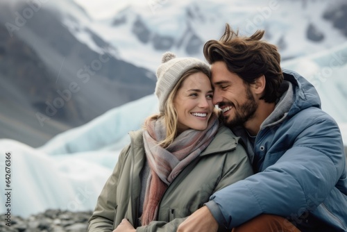 Couple in their 30s smiling at the Aletsch Glacier in Valais Switzerland