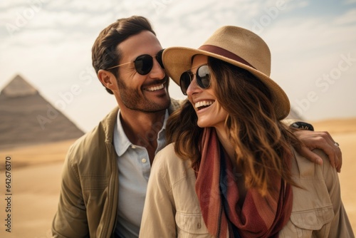 Couple in their 30s smiling at the Pyramids of Giza Egypt
