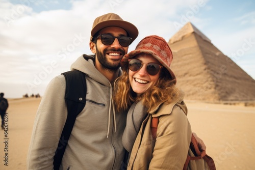 Couple in their 30s smiling at the Pyramids of Giza Egypt