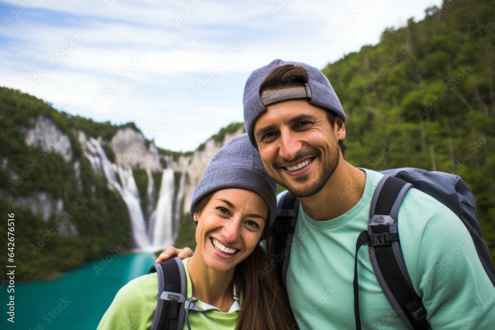 Couple in their 30s smiling at the Plitvice Lakes National Park in Croatia