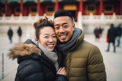 Couple in their 30s smiling at the Palace Museum (Forbidden City) in Beijing China