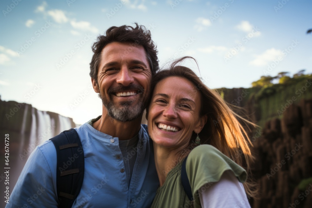 Couple in their 40s smiling at the Iguazu Falls in Misiones Argentina/Brazil Couple in their 40s smiling at the Iguazu Falls in Misiones Argentina/Brazil