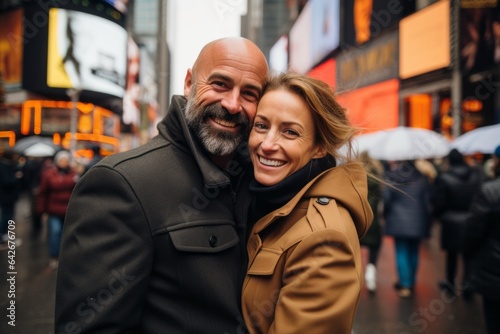 Couple in their 40s at the Times Square in New York USA © Anne Schaum