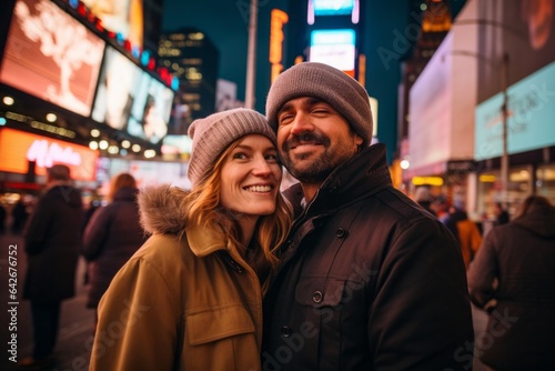 Couple in their 40s at the Times Square in New York USA © Anne Schaum