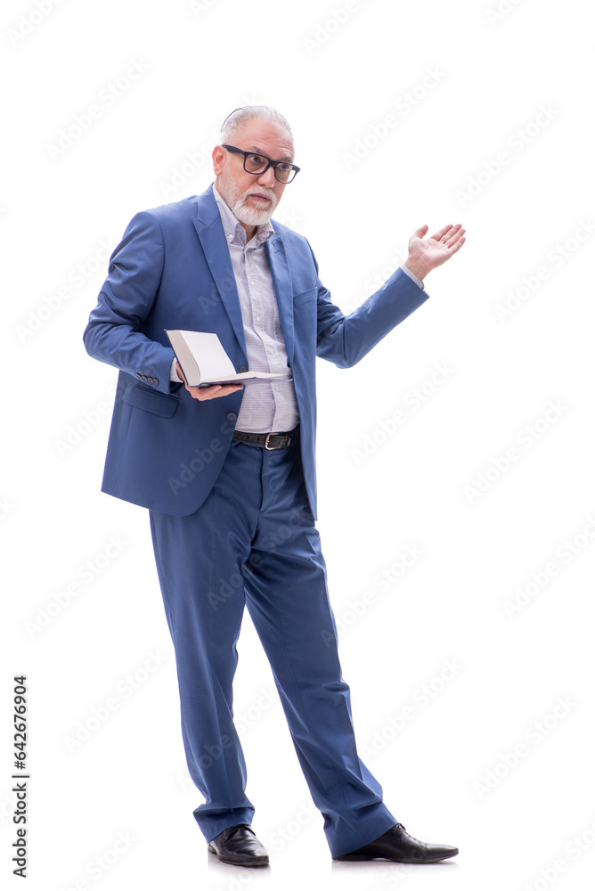 Old businessman holding book isolated on white Old businessman holding book isolated on white