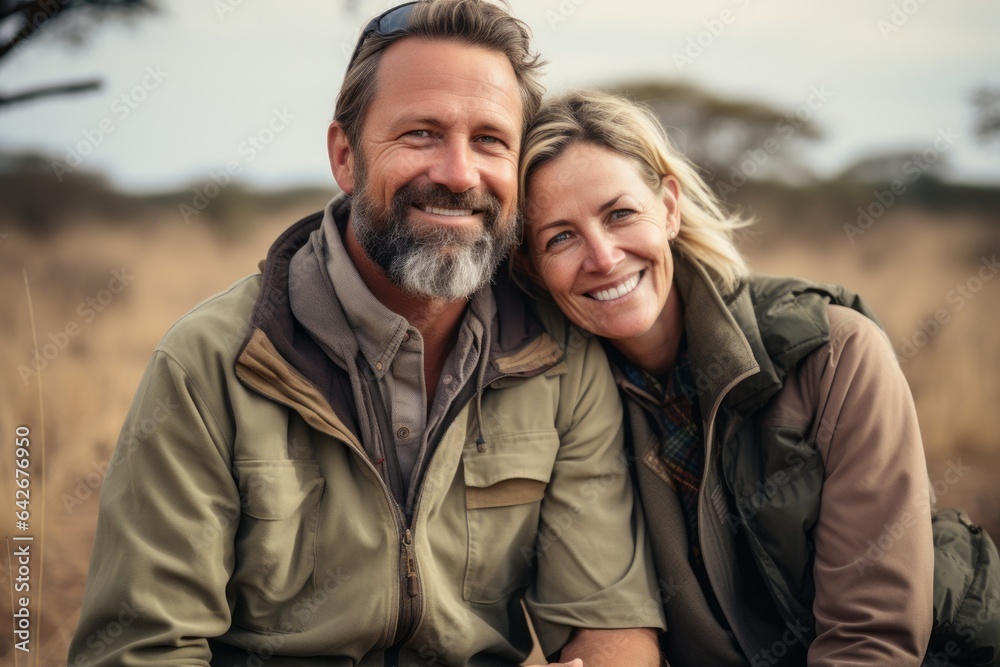 Couple in their 40s at the Serengeti National Park Tanzania - obrazy, fototapety, plakaty 