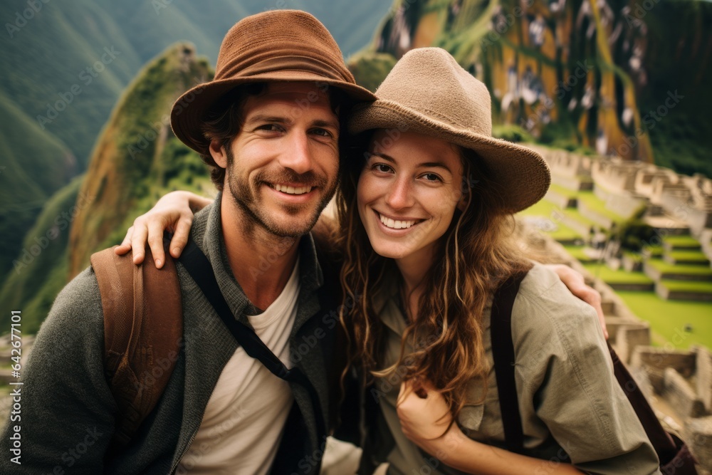 Couple in their 30s at the Machu Picchu in Cusco Region Peru