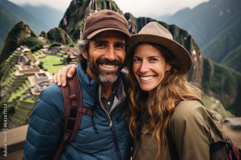 Couple in their 40s smiling at the Machu Picchu in Cusco Region Peru