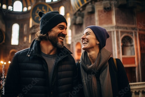 Couple in their 30s smiling at the Hagia Sophia in Istanbul Turkey