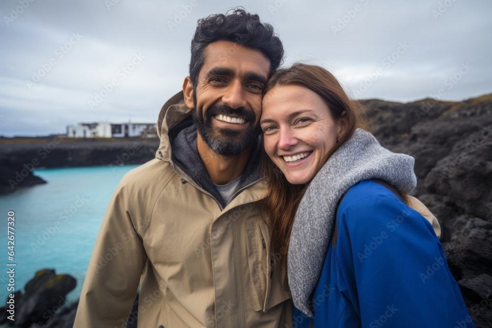 Couple in their 30s smiling at the Blue Lagoon in Grindavik Iceland Couple in their 30s smiling at the Blue Lagoon in Grindavik Iceland