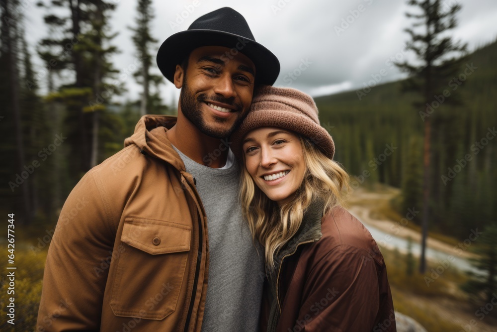Fototapeta premium Couple in their 30s smiling at the Banff National Park in Alberta Canada