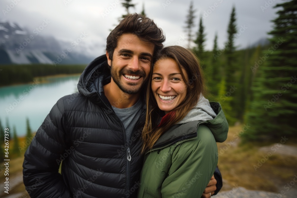 Couple in their 30s smiling at the Banff National Park in Alberta Canada