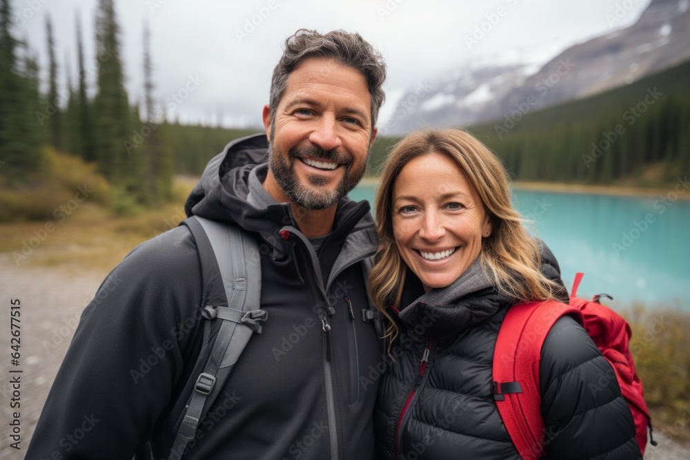 Couple in their 40s smiling at the Banff National Park in Alberta Canada
