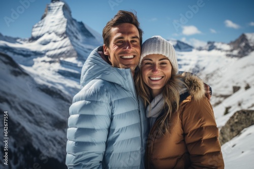 Couple in their 30s smiling at the Matterhorn in Valais Switzerland