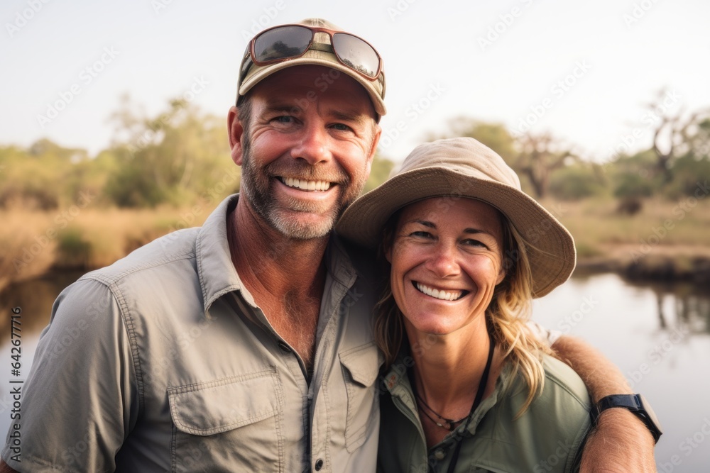 Couple in their 40s smiling at the Okavango Delta in Botswana Couple in their 40s smiling at the Okavango Delta in Botswana