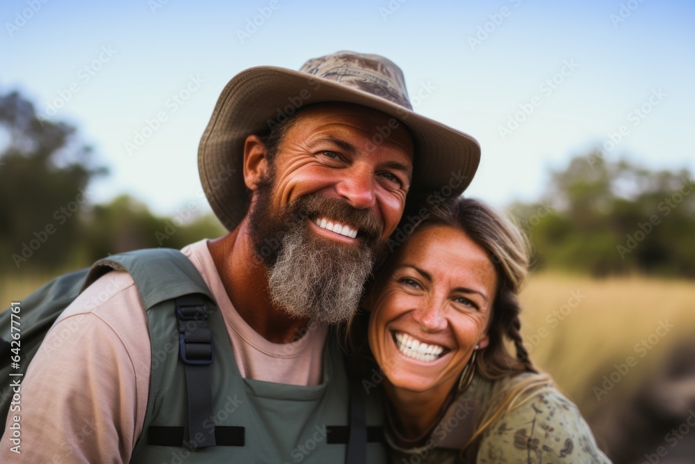 Couple in their 40s smiling at the Okavango Delta in Botswana Couple in their 40s smiling at the Okavango Delta in Botswana