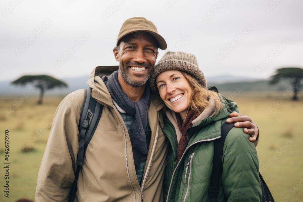 Couple in their 40s smiling at the Ngorongoro Crater in Arusha Tanzania