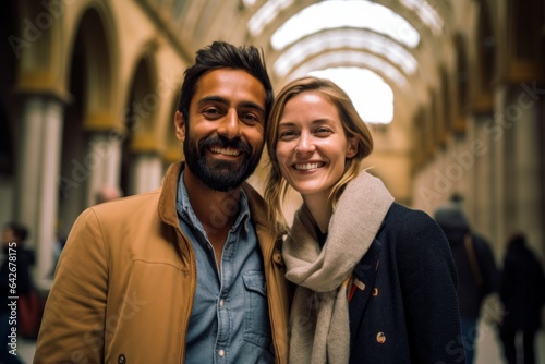 Couple in their 30s smiling at the The British Museum in London England