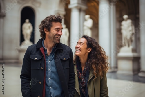 Couple in their 30s smiling at the The British Museum in London England © Hanne Bauer
