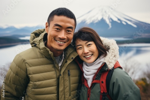 Couple in their 30s smiling at the Mount Fuji in Honshu Island Japan