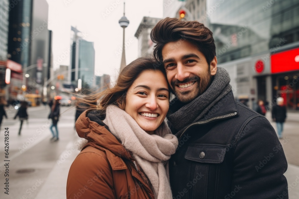 Couple in their 30s smiling at the CN Tower in Toronto Canada Couple in their 30s smiling at the CN Tower in Toronto Canada