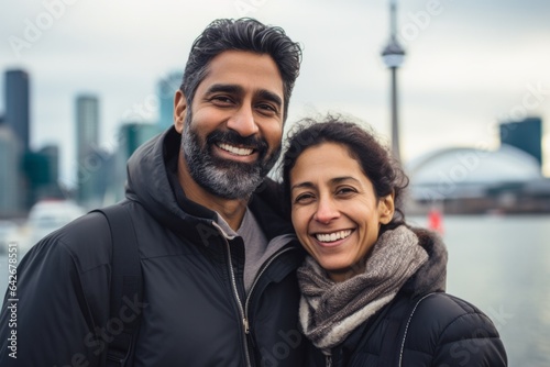 Couple in their 40s smiling at the CN Tower in Toronto Canada