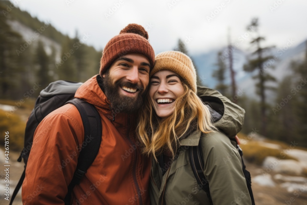 Couple in their 30s smiling at the Yosemite National Park in California USA