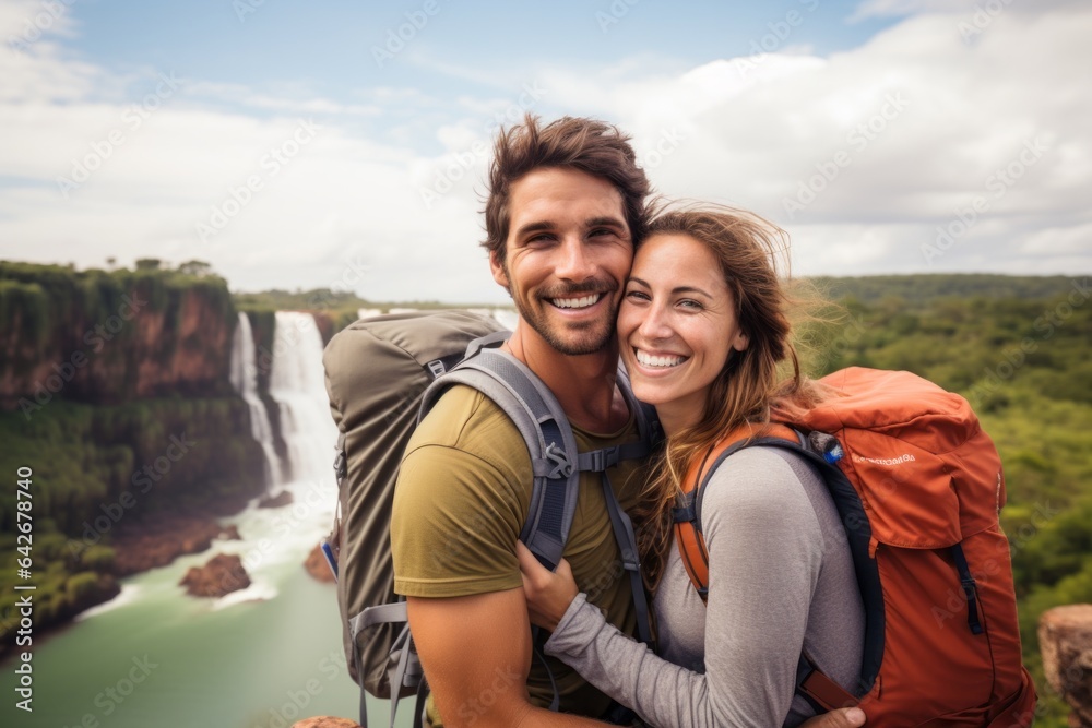 Couple in their 30s smiling at the Iguazu Falls Argentina-Brazil Border Couple in their 30s smiling at the Iguazu Falls Argentina-Brazil Border