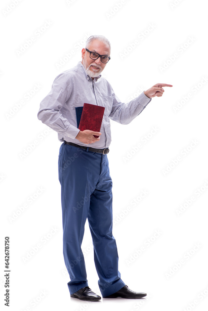 Old boss holding books isolated on white Old boss holding books isolated on white