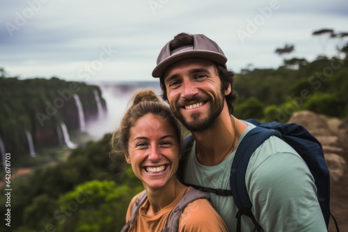 Couple in their 30s smiling at the Iguazu Falls Argentina-Brazil Border
