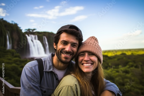 Couple in their 30s smiling at the Iguazu Falls Argentina-Brazil Border