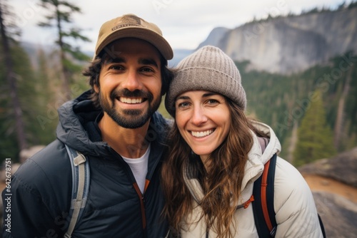 Couple in their 30s smiling at the Yosemite National Park in California USA