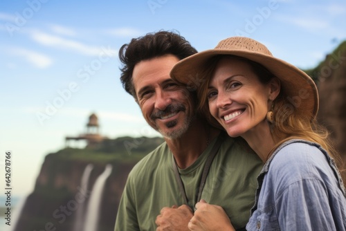 Couple in their 40s smiling at the Iguazu Falls Argentina-Brazil Border