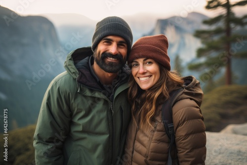 Couple in their 30s smiling at the Yosemite National Park in California USA