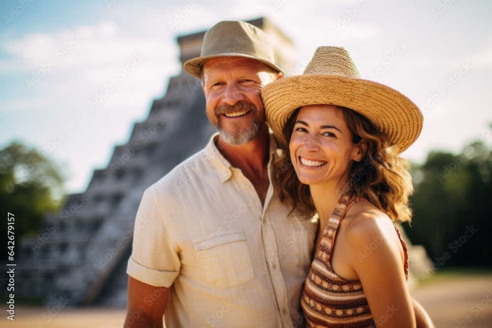 Couple in their 30s smiling at the Chichen Itza in Yucatán Mexico