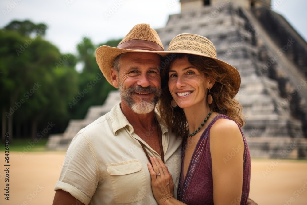 Couple in their 40s at the Chichen Itza in Yucatán Mexico