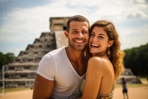 Couple in their 30s smiling at the Chichen Itza in Yucatán Mexico