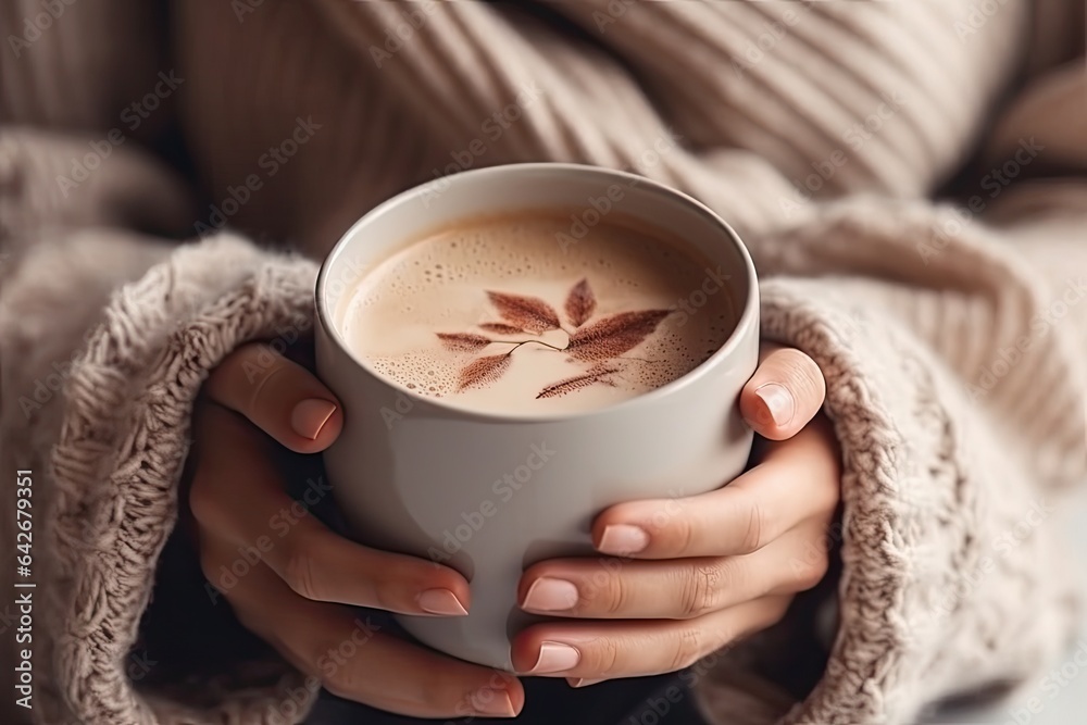 a woman holding a cup of hot chocolate latte in her hands, with a leaf drawn on the foam