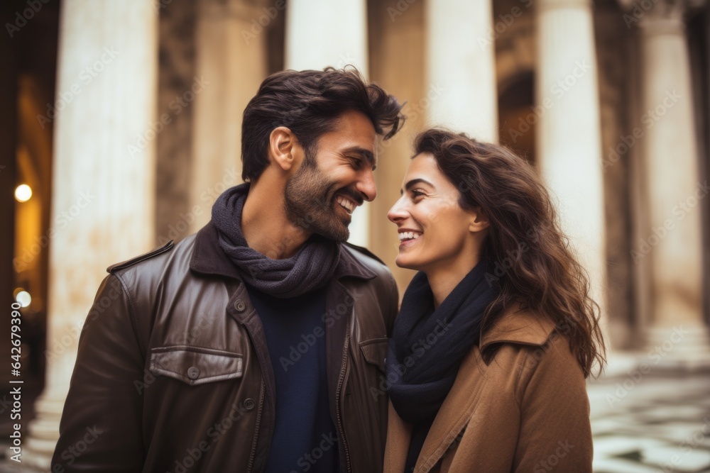 Couple in their 30s smiling at the Pantheon in Rome Italy Couple in their 30s smiling at the Pantheon in Rome Italy