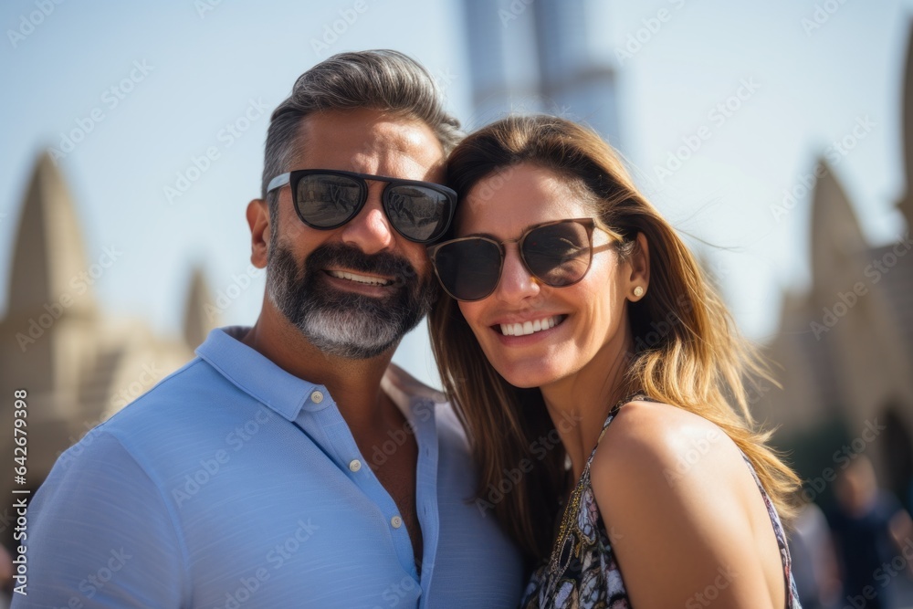 Couple in their 40s smiling at the Burj Khalifa in Dubai UAE