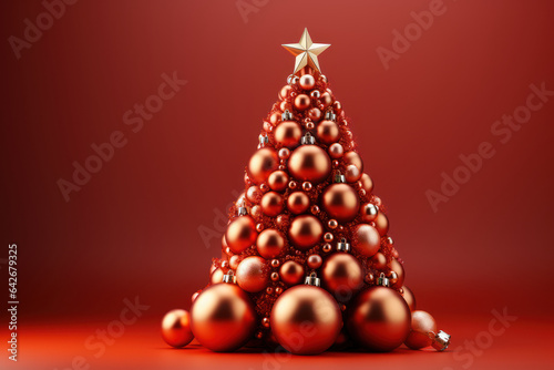 Christmas tree composed of red baubles on a red background. Christmas magic concept. Generative Ai.