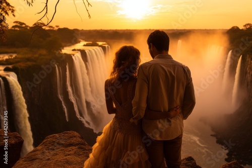 Romantic couple in their 40s at the Victoria Falls Zambia/Zimbabwe Border in sunset © Anne Schaum