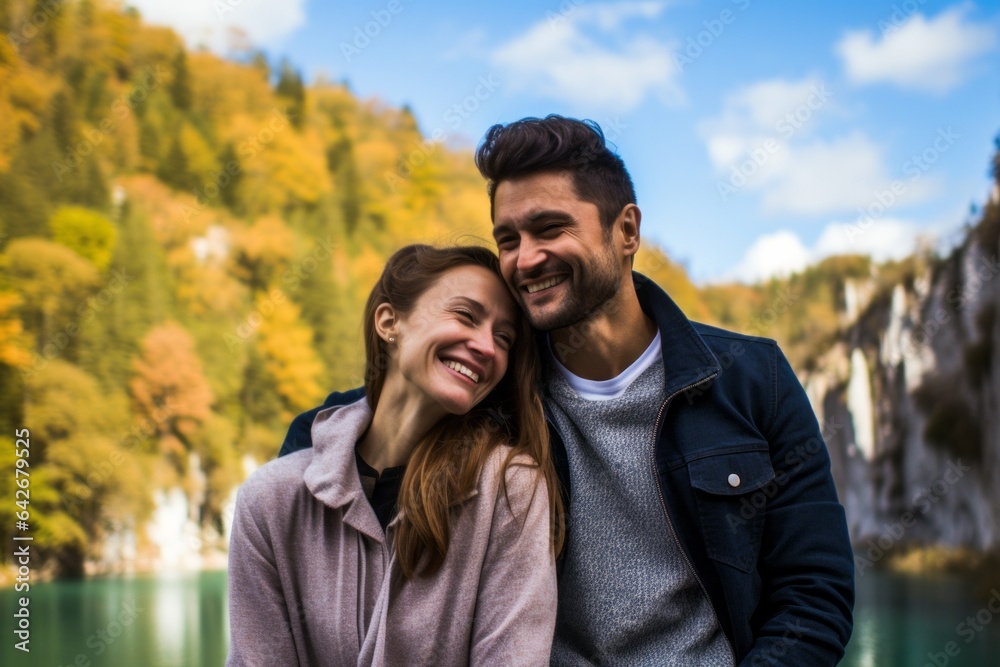 Couple in their 30s smiling at the Plitvice Lakes National Park Croatia