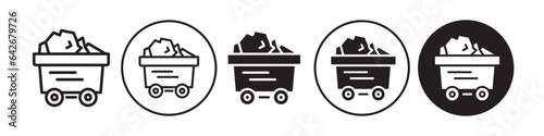 Coal icon. Industrial charcoal or fossil fuel mining symbol. Trolley with natural metal to produce electricity power generation vector set. Flat outline of Mine wagon raw material rock stone piece. 