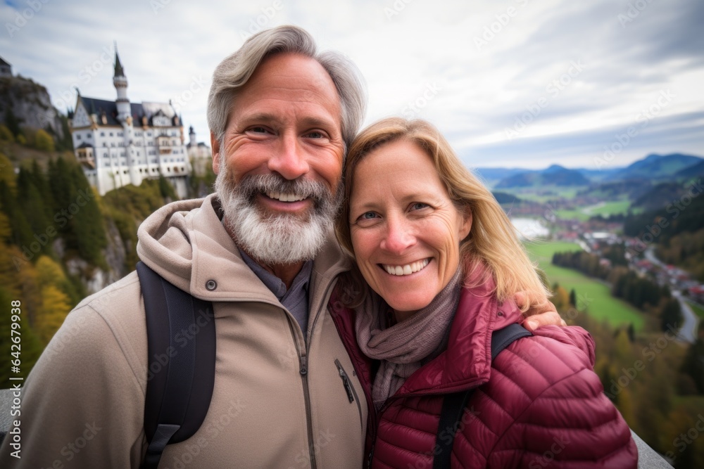 Couple in their 40s smiling at the Neuschwanstein Castle Germany