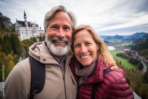 Couple in their 40s smiling at the Neuschwanstein Castle Germany