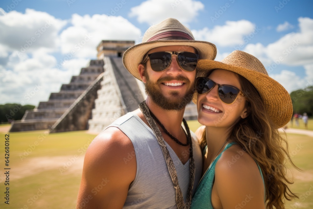 Couple in their 30s smiling at the Chichen Itza Yucatan Mexico